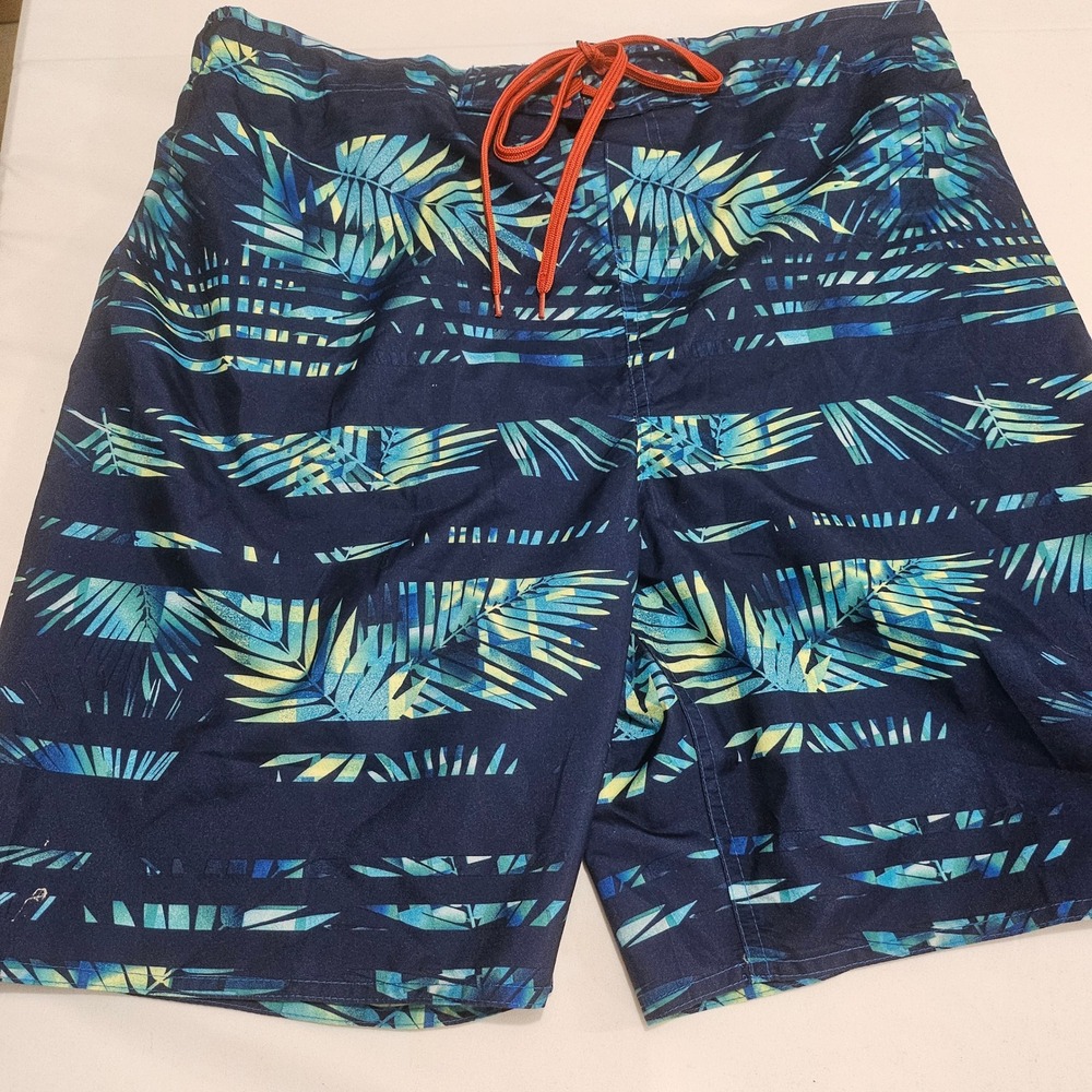 Laguna Mens Tropical Palm Print Swim Trunks Navy Blue Teal Orange Large L81134